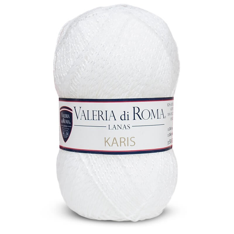 Ovillo de 82% Acrílico, 18% Viscosa de la marca Valeria di Roma. El modelo es KARIS en el color 000/BLANCO