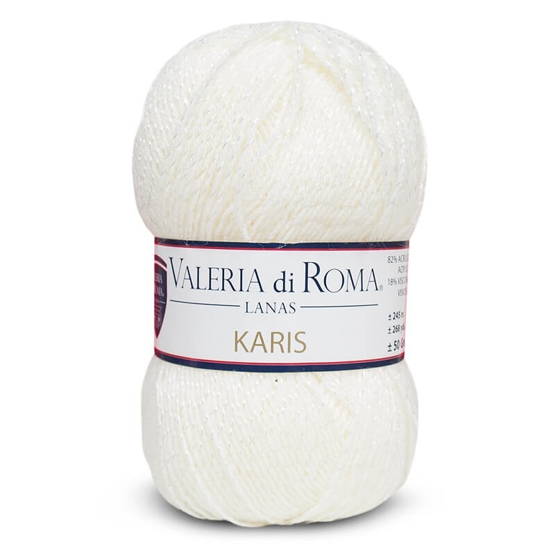 Ovillo de 82% Acrílico, 18% Viscosa de la marca Valeria di Roma. El modelo es KARIS en el color 003/CRUDO