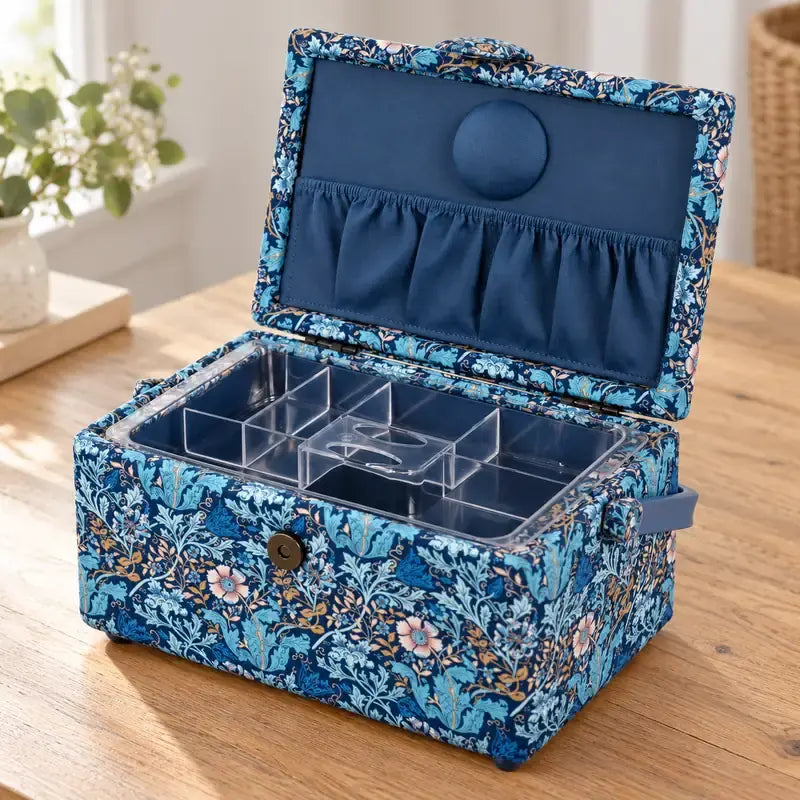 MEDIUM BLUE FLORAL PRINT SEWING BASKET