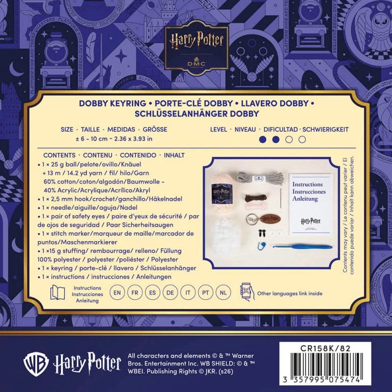 Parte trasera del Kit Amigurumi Llavero Dobby Harry Potter DMC con contenido y características