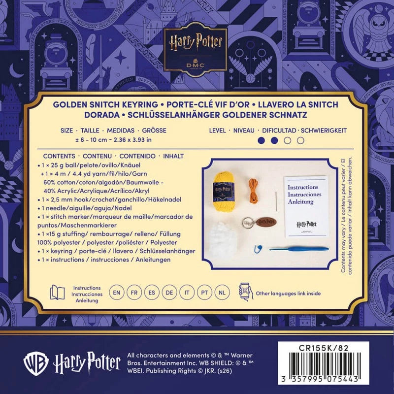Parte trasera del Kit Amigurumi Snitch Dorada Harry Potter DMC con materiales y características
