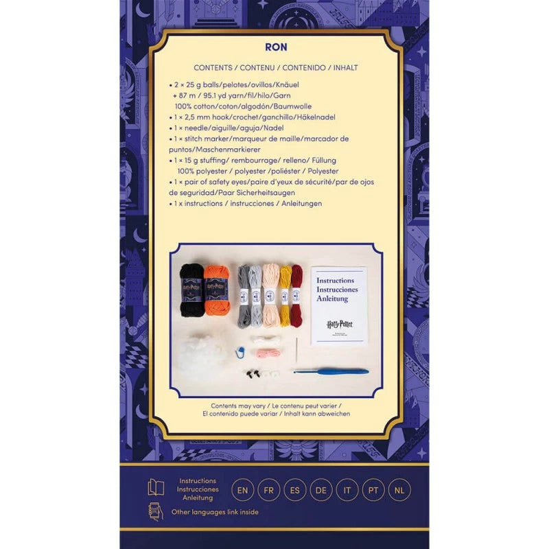 KIT AMUGURUMI DMD DE RON - PACKAGING POR LA PARTE DE ATRAS DONDE VIENEN TODAS LAS CARACTERISTICAS