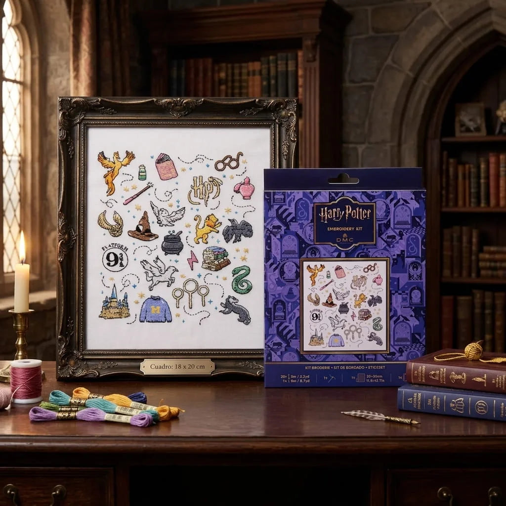 Kit de bordado Símbolos Harry Potter de DMC con cuadro terminado, hilos Mouliné y packaging