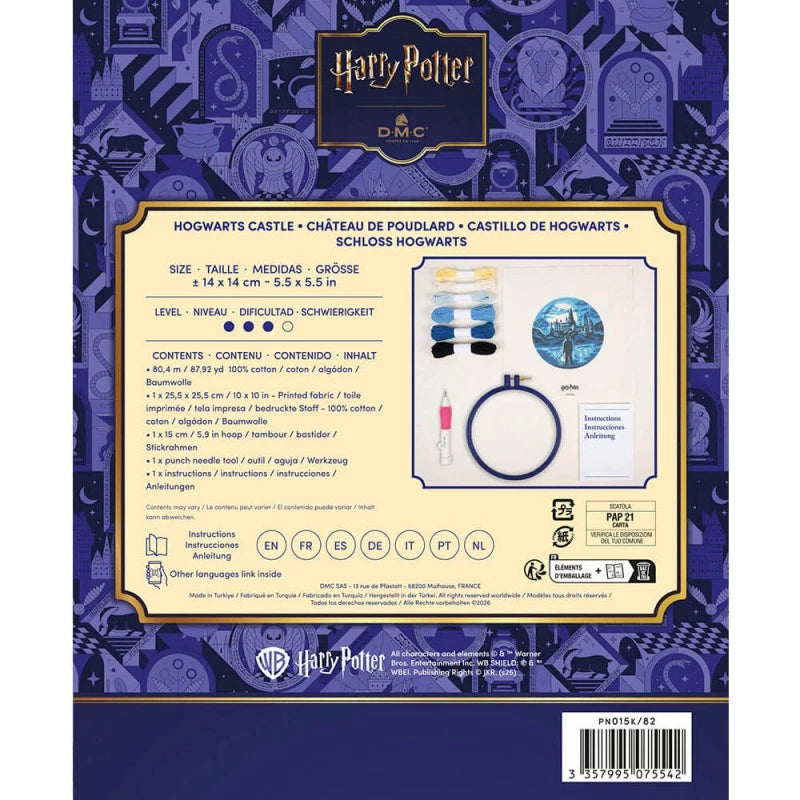 Parte trasera del kit DMC Harry Potter Castillo de Hogwarts con materiales, medidas e instrucciones