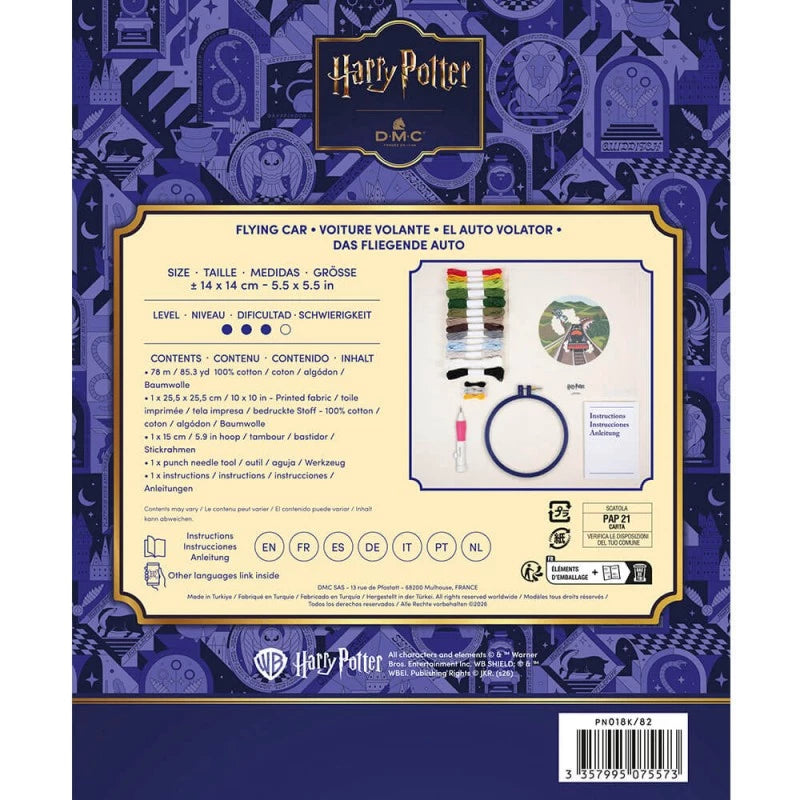 Parte trasera del kit DMC Harry Potter Coche Volador con contenido, medidas y nivel de dificultad