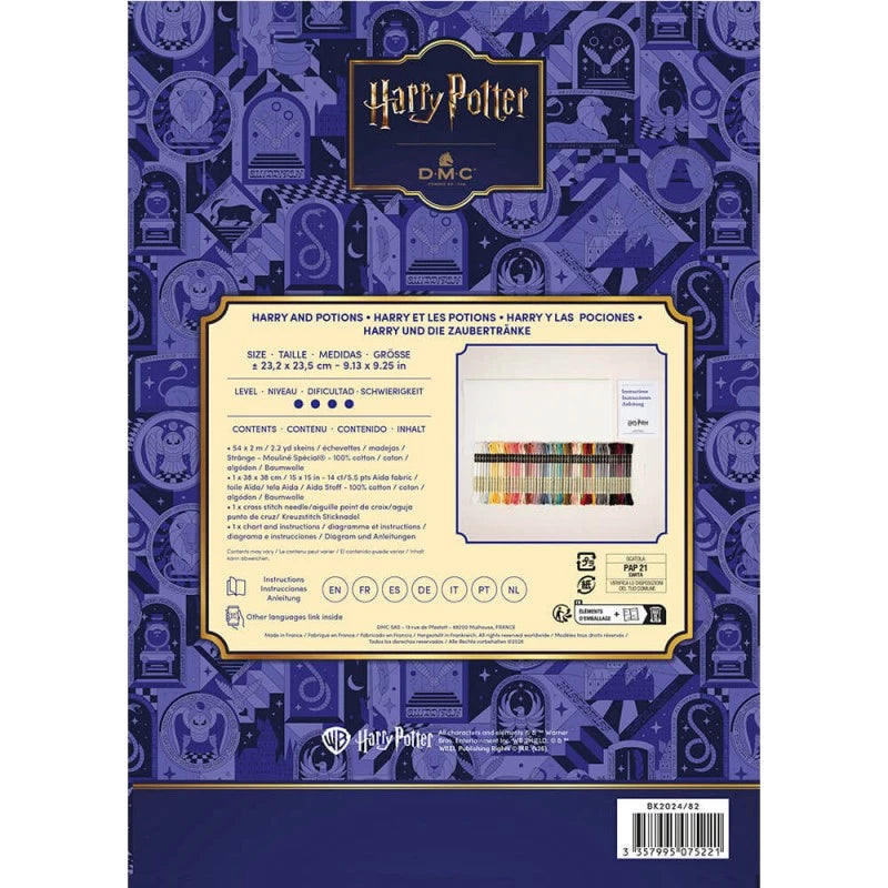 Parte trasera del kit de punto de cruz Harry Potter y las Pociones DMC con 54 colores Mouliné y tela Aida
