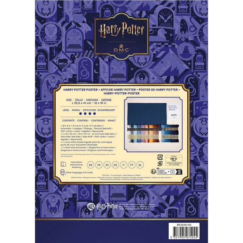 Parte trasera del kit de punto de cruz Harry Potter DMC con hilos Mouliné, tela Aida e instrucciones