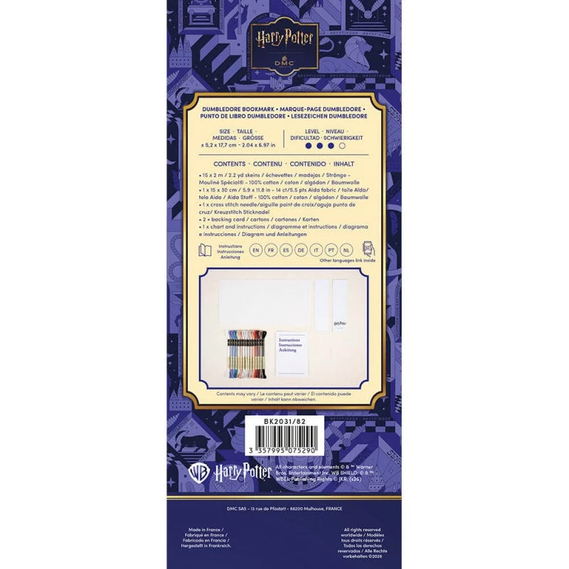 Parte trasera del kit Marcapáginas Dumbledore DMC con hilos Mouliné, tela Aida y soportes de cartón