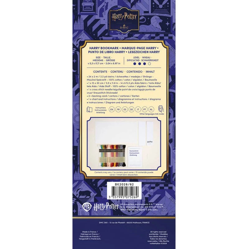 Contenido del kit de punto de cruz Marcapáginas Harry Potter DMC con hilos Mouliné y tela Aida