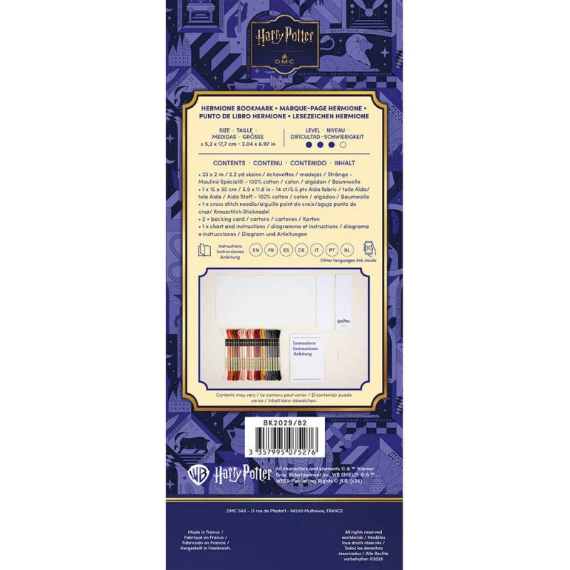 Parte trasera con el Contenido del kit de punto de cruz Marcapáginas Hermione DMC con 23 hilos Mouliné y tela Aida