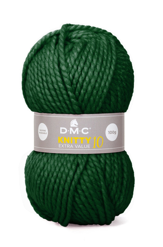 Ovillo de lana extragruesa 100% acrílico de la marca DMC. El modelo es Knitty 10 en el color 839/Verde