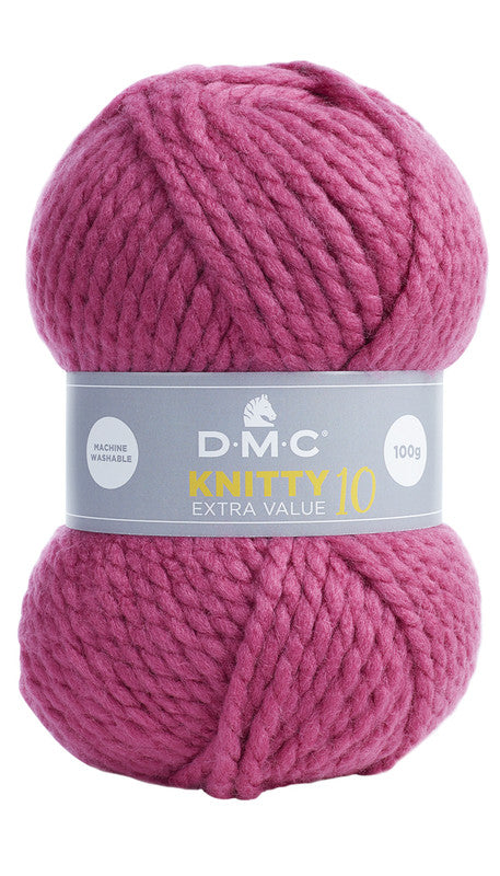 Ovillo de lana extragruesa 100% acrílico de la marca DMC. El modelo es Knitty 10 en el color 984/Rosa