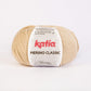 Ovillo de lana 55% merino 45% acrílico de la marca Katia. El modelo es Merino Classic en el color 010