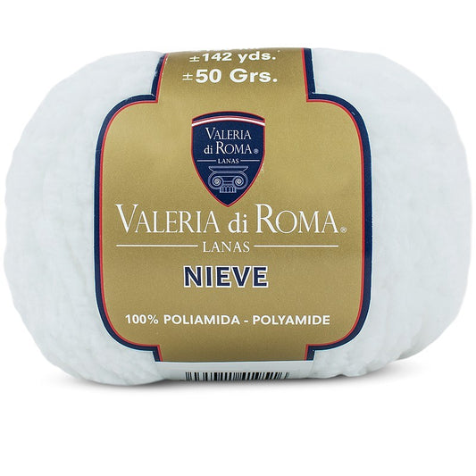 Ovillo de 100% poliamida  de la marca Valeria di Roma. El modelo es Nieve en el color 0